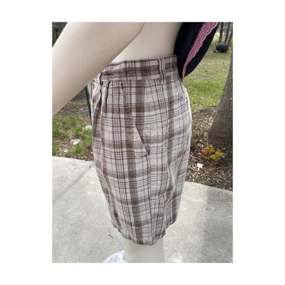 Vtg | 90s Kathy Ireland Plaid Shorts Bermuda Pleat Front Tan Brown Linen Cotton - Picture 4 of 9